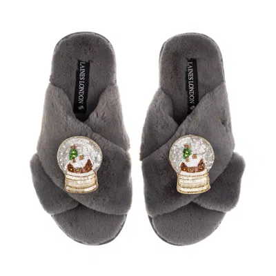 Laines London Women's Classic Laines Slippers Christmas Collection With Double Snow Globe Brooches - Grey In Gray