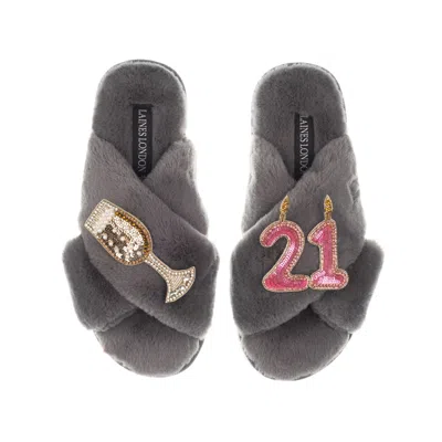 Laines London Women's Classic Laines Slippers With 21st Birthday & Champagne Glass Brooches - Grey