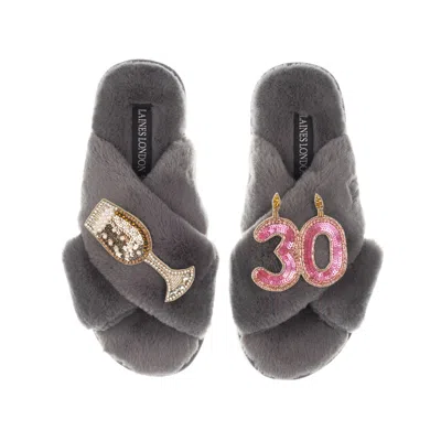 Laines London Women's Classic Laines Slippers With 30th Birthday & Champagne Glass Brooches - Grey