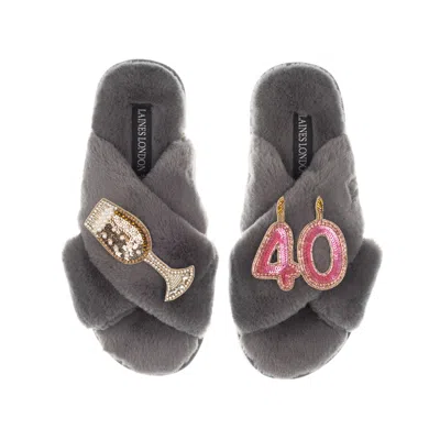 Laines London Women's Classic Laines Slippers With 40th Birthday & Champagne Glass Brooches - Grey