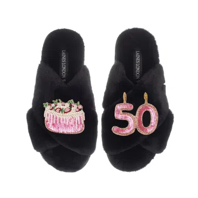 Laines London Women's Classic Laines Slippers With 50th Birthday & Cake Brooches - Black