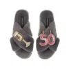 Laines London Women's Classic Laines Slippers With 50th Birthday & Champagne Glass Brooches - Grey In Grey