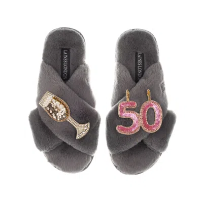 Laines London Women's Classic Laines Slippers With 50th Birthday & Champagne Glass Brooches - Grey