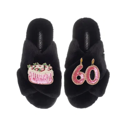 Laines London Women's Classic Laines Slippers With 60th Birthday & Cake Brooches - Black