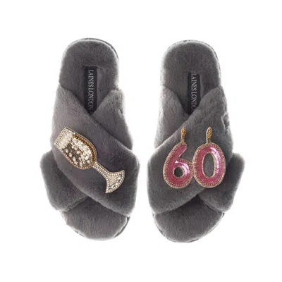 Laines London Women's Classic Laines Slippers With 60th Birthday & Champagne Glass Brooches - Grey