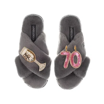 Laines London Women's Classic Laines Slippers With 70th Birthday & Champagne Glass Brooches - Grey
