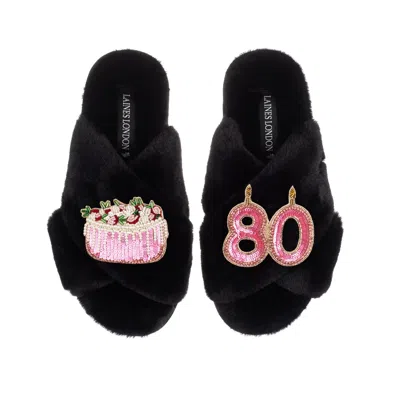 Laines London Women's Classic Laines Slippers With 80th Birthday & Cake Brooches - Black