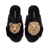 Laines London Women's Classic Laines Slippers With Artisan Golden Lion & Lioness Brooches - Black In Black