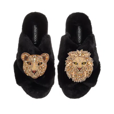 Laines London Women's Classic Laines Slippers With Artisan Golden Lion & Lioness Brooches - Black