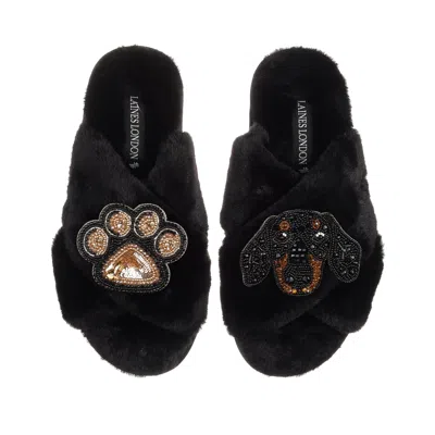 Laines London Women's Classic Laines Slippers With Artisan Little Sausage & Paw Brooches - Black