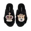 Laines London Women's Classic Laines Slippers With Artisan Sandy The Corgi & Royal Crown Brooches - Black In Black