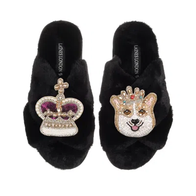 Laines London Women's Classic Laines Slippers With Artisan Sandy The Corgi & Royal Crown Brooches - Black