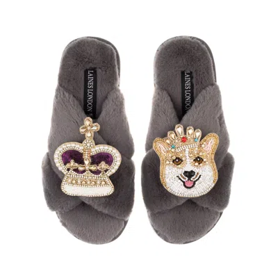 Laines London Women's Classic Laines Slippers With Artisan Sandy The Corgi & Royal Crown Brooches - Grey