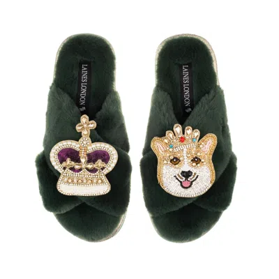 Laines London Women's Classic Laines Slippers With Artisan Sandy The Corgi & Royal Crown Brooches - Limited Editio In Green