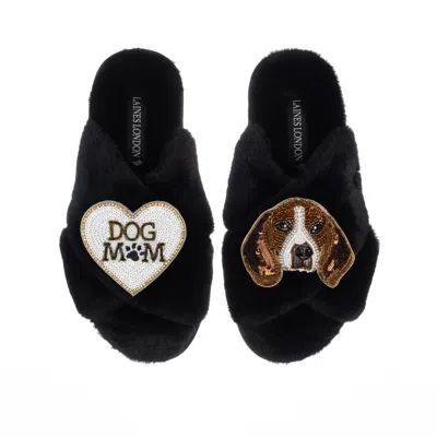Laines London Women's Classic Laines Slippers With Beagle & Dog Mum / Mom Brooches - Black