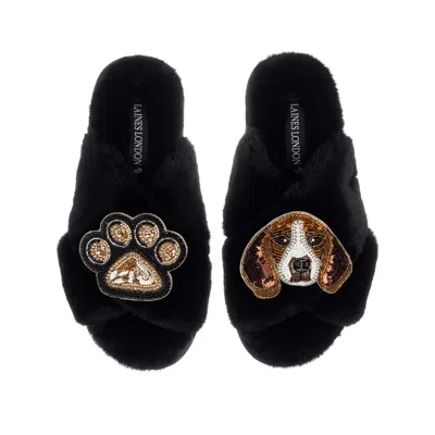 Laines London Women's Classic Laines Slippers With Beagle & Paw Brooches - Black
