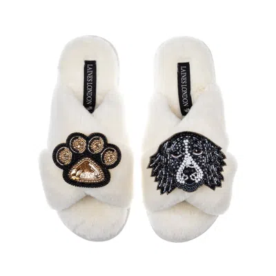 Laines London Women's Classic Laines Slippers With Bentley The Black & White Spaniel & Paw Brooches - Cream