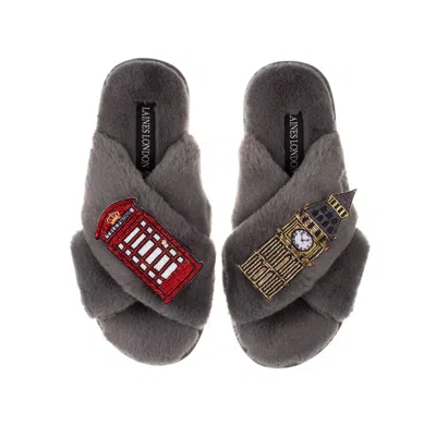 Laines London Women's Classic Laines Slippers With Big Ben & British Red Phone Box Brooches - Grey