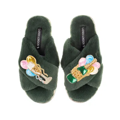 Laines London Women's Classic Laines Slippers With Birthday Bubbles Brooches - Limited Edition Green