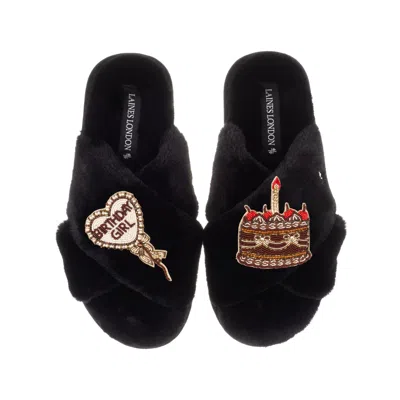 Laines London Women's Classic Laines Slippers With Birthday Girl Balloon & Chocolate Cake Brooches - Black