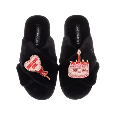 Laines London Women's Classic Laines Slippers With Birthday Girl Brooches - Black
