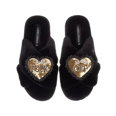 Laines London Women's Classic Laines Slippers With Black & Gold Fuck Off Brooches - Black