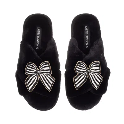 Laines London Women's Classic Laines Slippers With Black Stripe Bow Brooches - Black