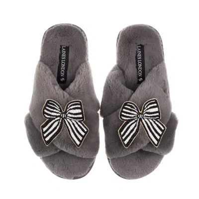 Laines London Women's Classic Laines Slippers With Black Stripe Bow Brooches - Grey In Gray