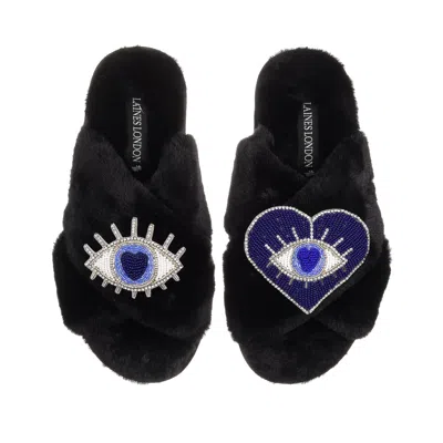 Laines London Women's Classic Laines Slippers With Blue & Silver Double Eye Brooches - Black