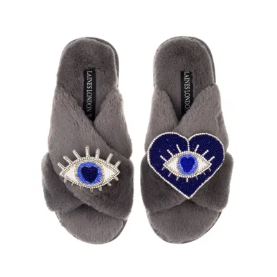 Laines London Women's Classic Laines Slippers With Blue & Silver Double Eye Brooches - Grey