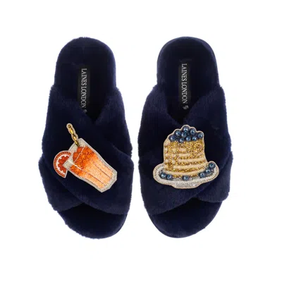 Laines London Women's Classic Laines Slippers With Blueberry Pancake Stack & Oj Brooches - Navy