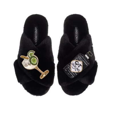 Laines London Women's Classic Laines Slippers With Botanical Gin & Glass Brooches - Black
