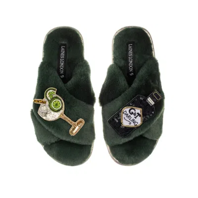 Laines London Women's Classic Laines Slippers With Botanical Gin & Glass Brooches - Limited Edition Green