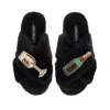 Laines London Women's Classic Laines Slippers With Bubbles Darling Brooches - Black In Black