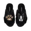Laines London Women's Classic Laines Slippers With Buddy Boston Terrier & Paw Brooches - Black In Black
