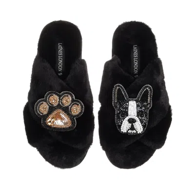 Laines London Women's Classic Laines Slippers With Buddy Boston Terrier & Paw Brooches - Black