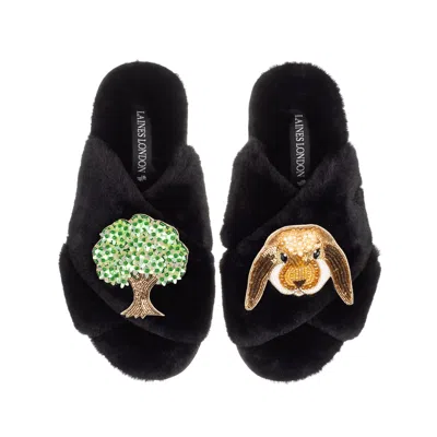 Laines London Women's Classic Laines Slippers With Bunny & Oak Tree Brooches - Black
