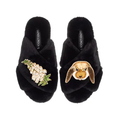 Laines London Women's Classic Laines Slippers With Bunny & White Foxglove Flowers Brooches - Black