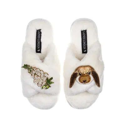 Laines London Women's Classic Laines Slippers With Bunny & White Foxglove Flowers Brooches - Cream