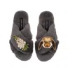 Laines London Women's Classic Laines Slippers With Bunny & White Foxglove Flowers Brooches - Grey In Grey