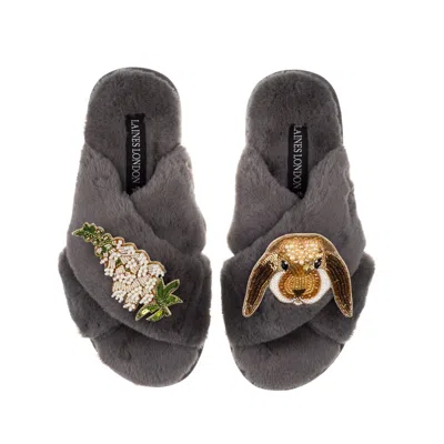 Laines London Women's Classic Laines Slippers With Bunny & White Foxglove Flowers Brooches - Grey
