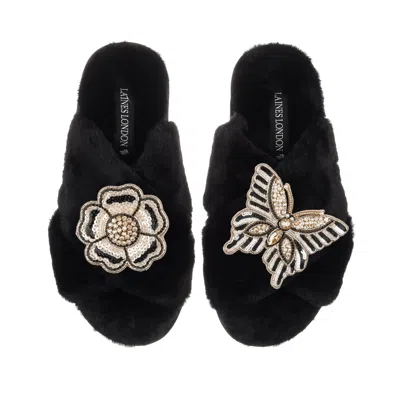 Laines London Women's Classic Laines Slippers With Butterfly & Flower Brooches - Black