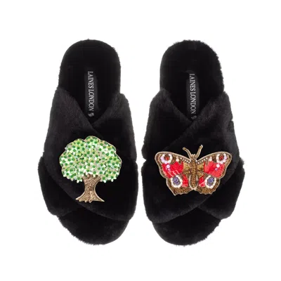 Laines London Women's Classic Laines Slippers With Butterfly & Oak Tree Brooches - Black