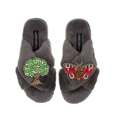 Laines London Women's Classic Laines Slippers With Butterfly & Oak Tree Brooches - Grey