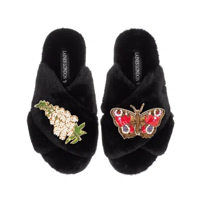 Laines London Women's Classic Laines Slippers With Butterfly & White Foxglove Flowers Brooches - Black