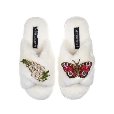 Laines London Women's Classic Laines Slippers With Butterfly & White Foxglove Flowers Brooches - Cream