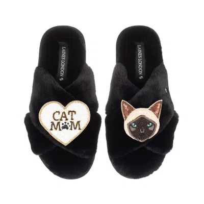 Laines London Women's Classic Laines Slippers With Cat Mum / Mom & Siamese Cat Brooches - Black