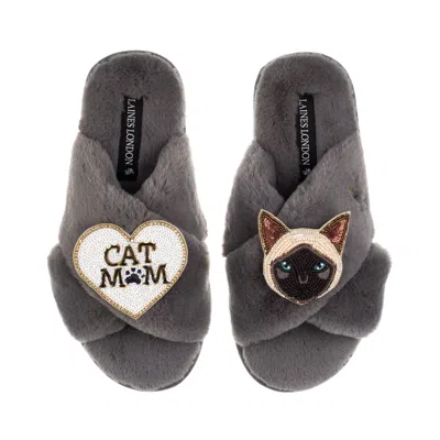 Laines London Women's Classic Laines Slippers With Cat Mum / Mom & Siamese Cat Brooches - Grey In Black