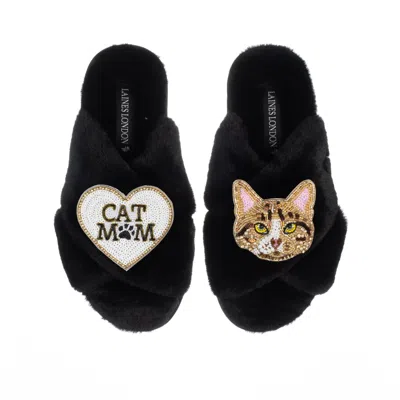 Laines London Women's Classic Laines Slippers With Cat Mum / Mom & Tabby Cat Brooches - Black