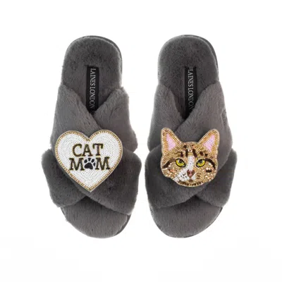 Laines London Women's Classic Laines Slippers With Cat Mum / Mom & Tabby Cat Brooches - Grey